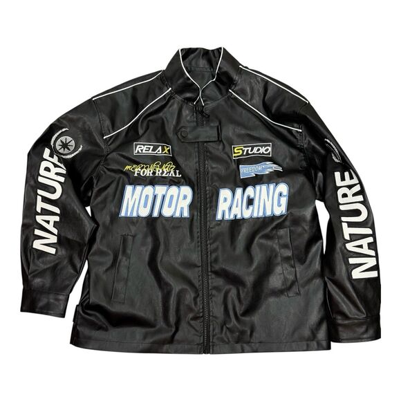 Freedom Studio Motor Racing Jacket Medium Black Vegan Leather Moto Streetwear - Picture 1 of 12